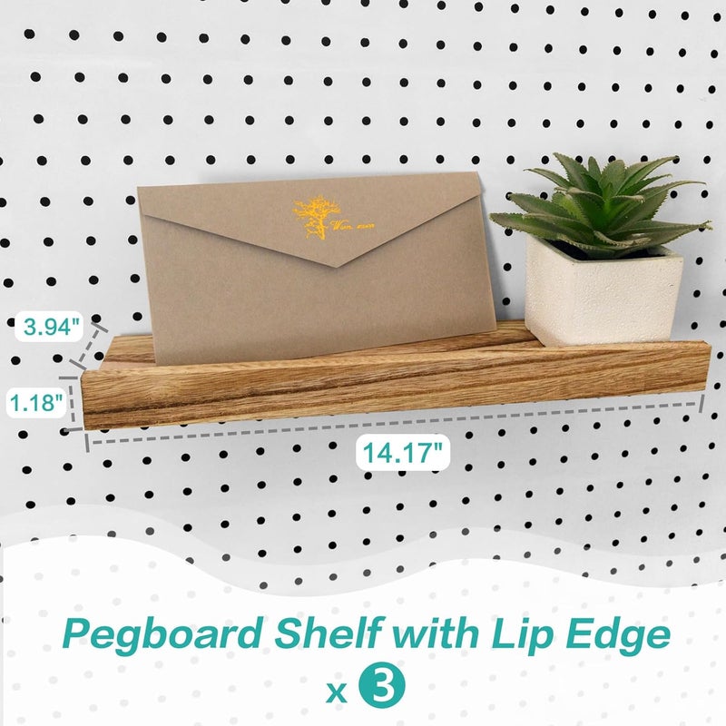 WOWKIT Wood Pegboard Shelves with Lip, 14" x 4" Peg Board Racks 3Pack Wall Organizer Shelf, 1/4 inch Heavy Duty Metal Brackets Fit All Pegboards, Display Craft Garage Workbench Office Shelving Accessories - Image 3